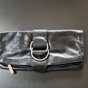 HOBO Black Leather Clutch with Silver Buckle Accent + dust bag